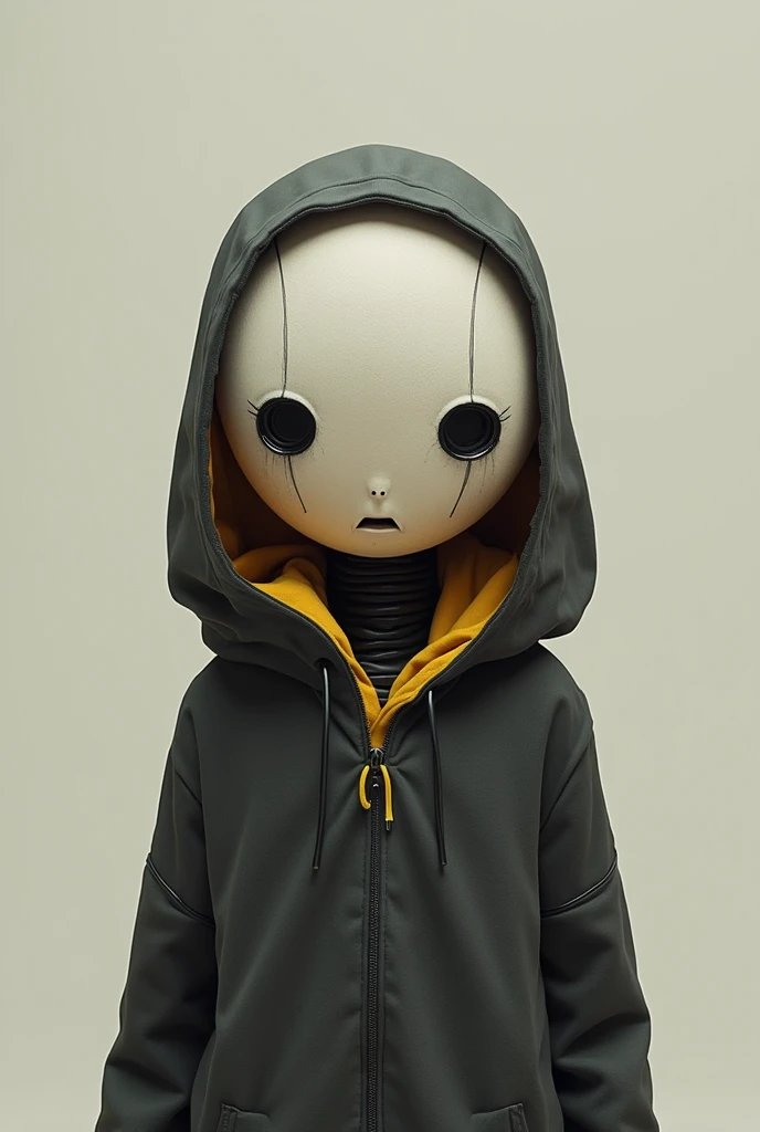 circle head robot in black and yellow hoddie crying