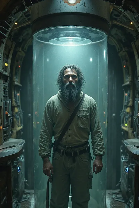 Aliens hold a bearded man captive in a ship.