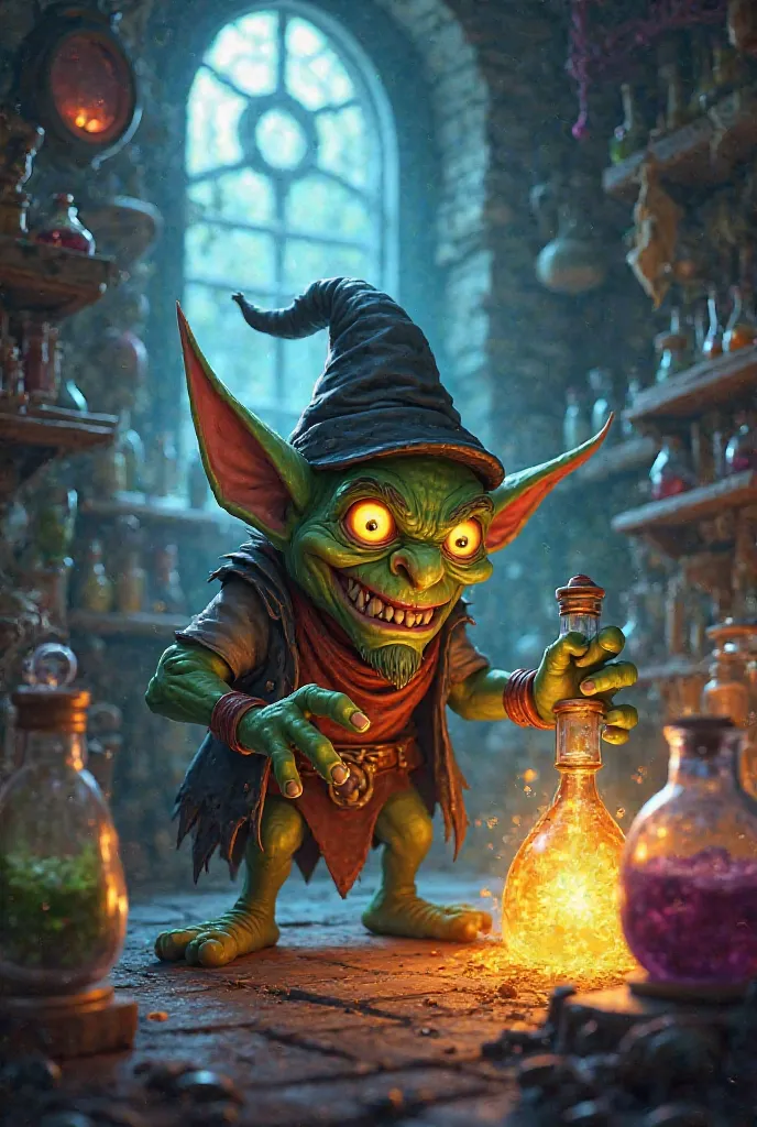 ZrTikk the dark but funny goblin alchemist from the world of Kingdom Rush 