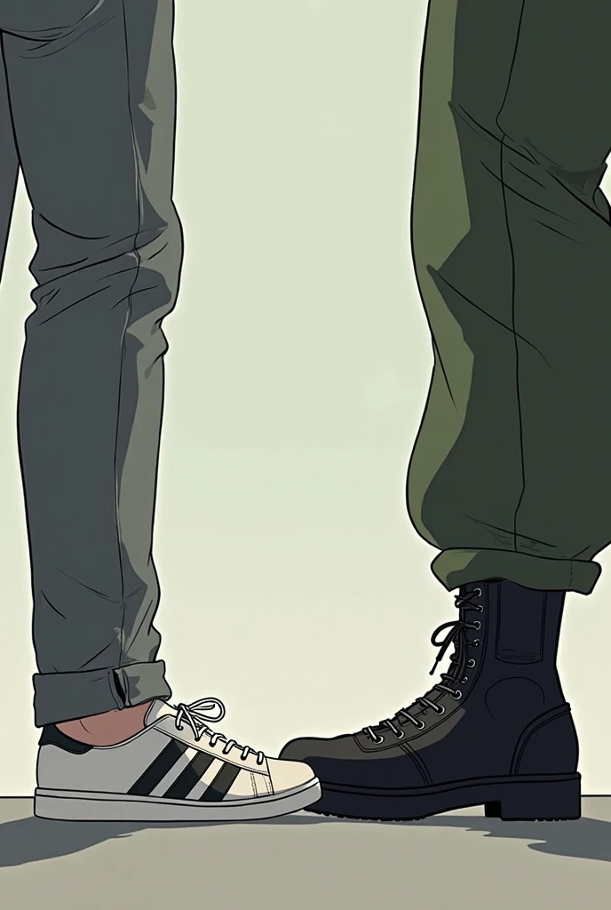 Animated image of the feet of a man wearing normal clothing with Adidas sneakers and gray jeans and the other leg seen as a gendarme wearing green boldo pants and black tactical boots