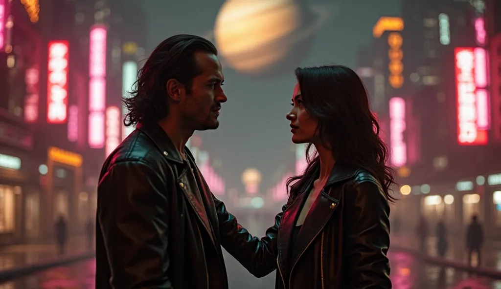 "A highly realistic and cinematic scene featuring "Neo and Trinity, Matrix" in a dimly lit futuristic cityscape. Trinity stands confidently in front of Neo, her hand on his shoulder, looking directly into his eyes with unwavering belief. The neon lights ar...