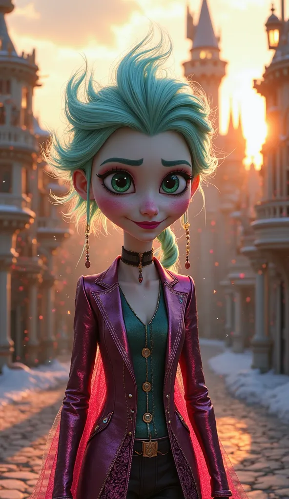 Elsa fusion hibrid of  Joker, walking, front  view, Disney Pixar style, big eyes, intricate details, cinematic render, by Eli Roth, Disney castle in background, beautiful sunny day, Glitter and cozy lighting, masterpiece, creative, neon colors, colorful, l...