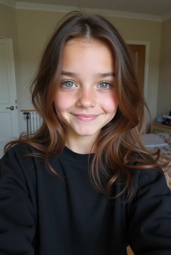 A beautiful brunnete young girl with blue eyes. Make sure the picture seems to be taken as a selfie and make sure she is wearing a black sweatshirt. Also make sure that the background is a bedroom. Dont make her smile.