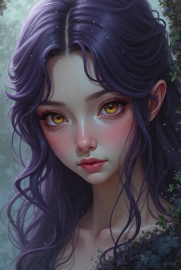  girl, dark purple hair, golden amber eyes