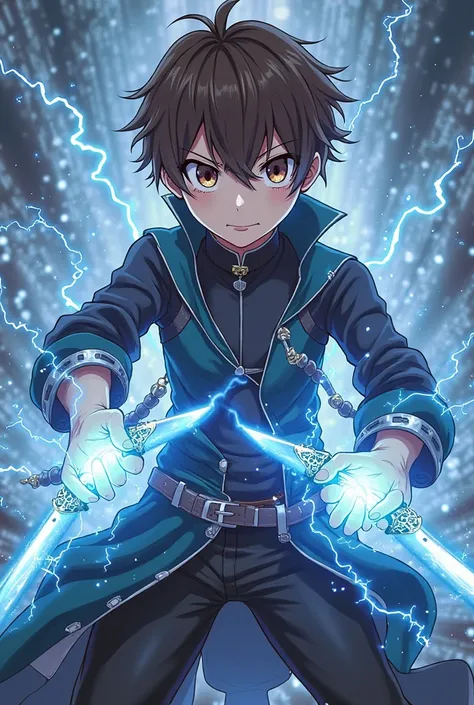 anime design , an 18-year-old male protagonist with short brown hair and bangs dark brown eyes, with powers of blue electricity coming out of the hands and an aura of electricity surrounding it, with modern medieval clothes resembling an Isekai and two med...