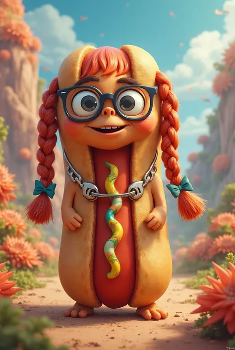 An image of a hotdog with glasses, braids and cord around the neck
