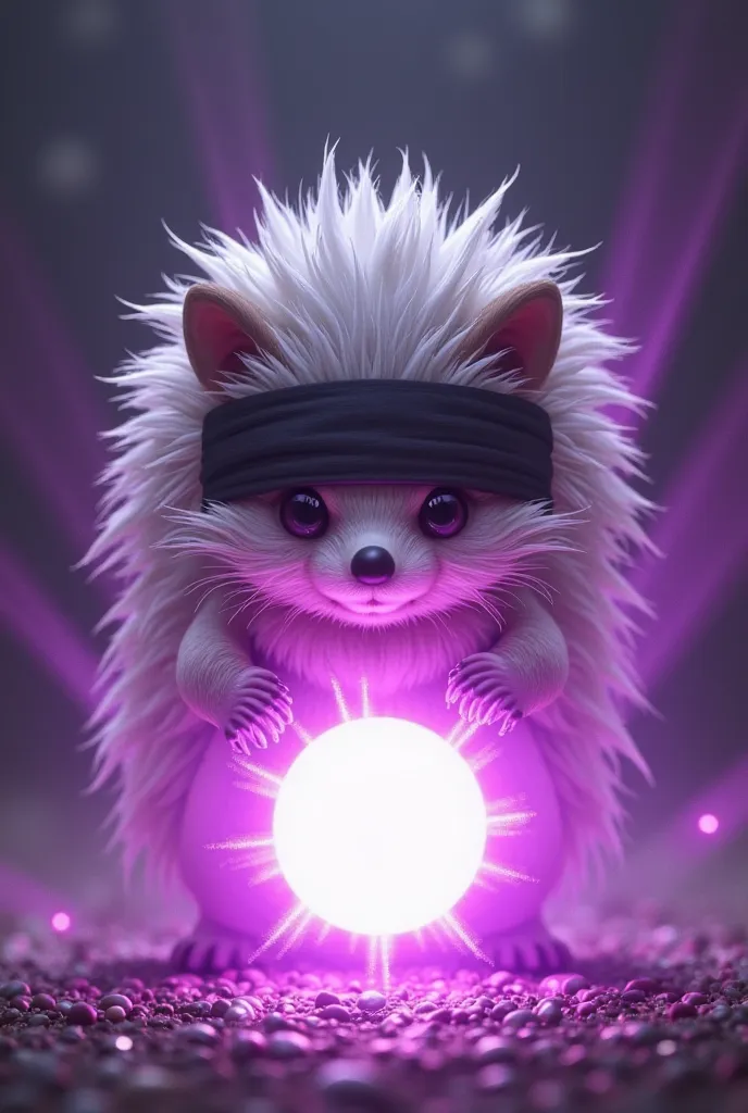 A small, round hedgehog with the head of Satoru Gojo: disheveled white hair , black bandage covering his eyes and a calm but powerful expression. technique The hedgehog is raising its front legs, as if it were performing the "purple" (Hollow Purple). Betwe...