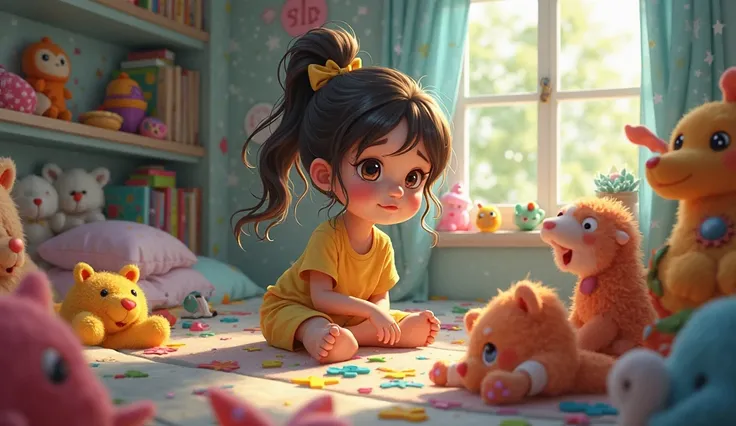 lina, A curious , is sitting in her room full of colorful toys, But she seems bored.