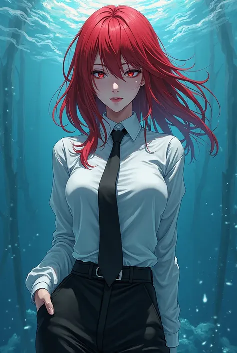 make makima from chaisaw man with red hair white shirt, black tie, and black pants, background is blue as if its flow of water