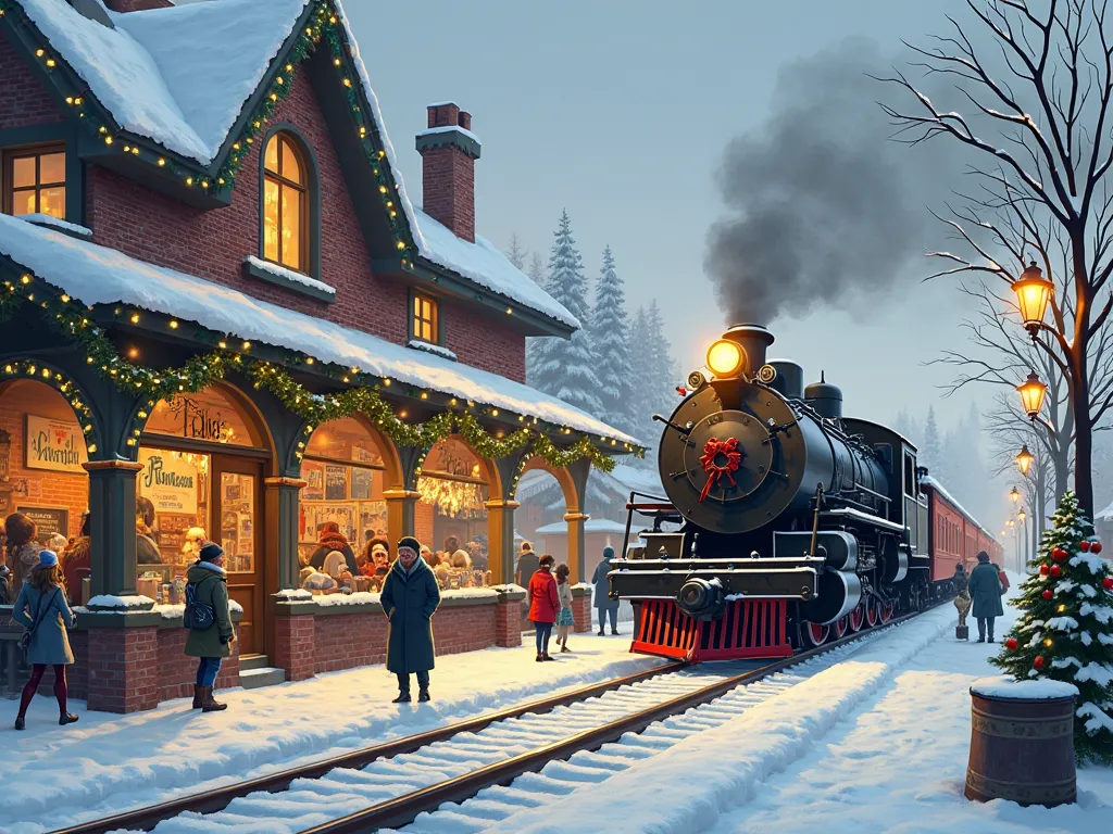 Create a small-town train station decorated for Christmas
