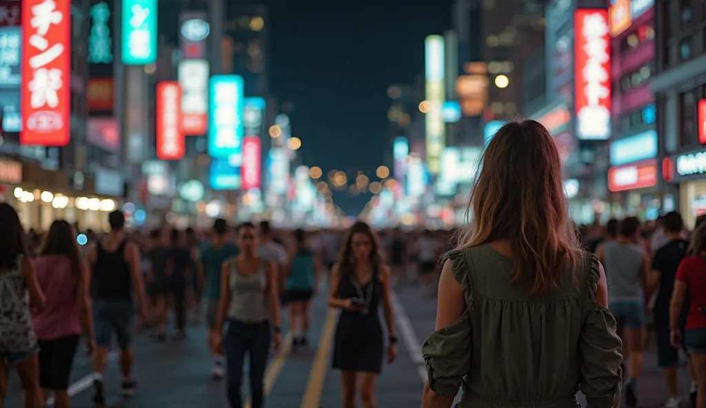 A large busy avenue at night, filled with illuminated signs and billboards promoting momentary pleasures such as wealth, sensuality and power . The crowd walks in a hurry, with empty expressions and eyes fixed on cell phones.  in the middle of the street, ...