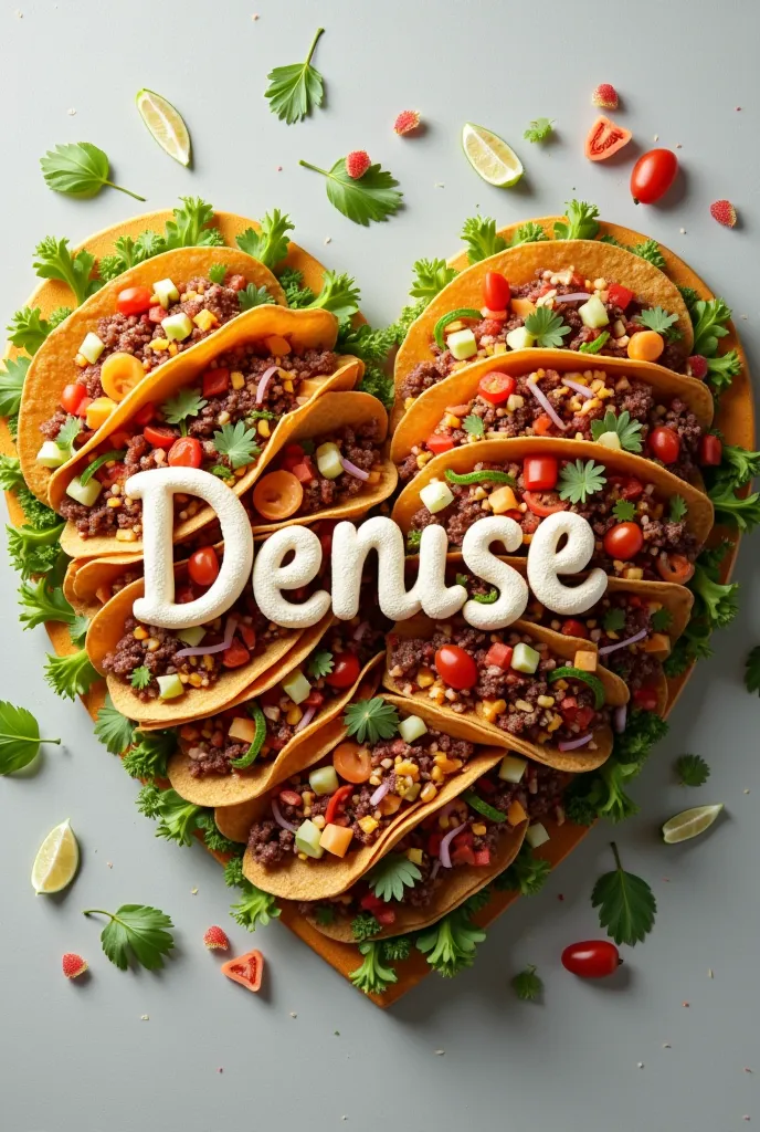 A heart of tacos with the word Denise in the center