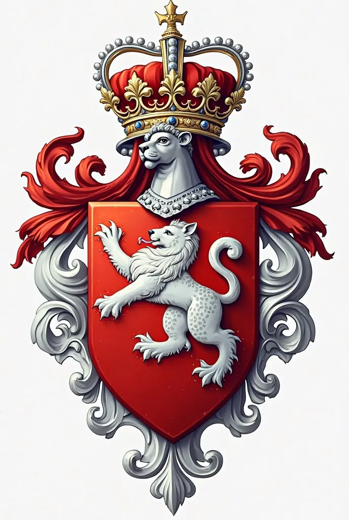 Peux-tu dessin le blason de ma famille en suivant les code héraldiques, le blason en forme de bouclier comporte un léopard couché rouge sur un fond d'argent. Le blason doit être surplomber d'une couronne et en dessous doit être écrit : "deo rege me" 