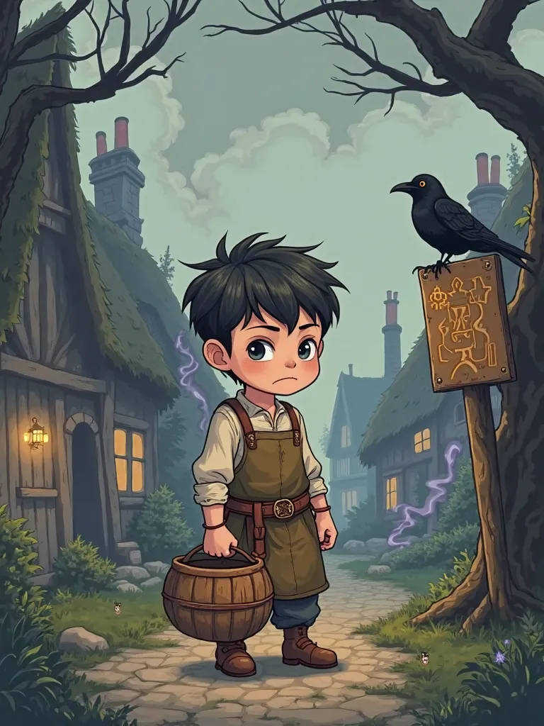 Chibi medieval European village scene, flat 2D anime style with soft cel-shading, muted earthy color palette (slate grey, moss green, burnt sienna), a nervous young peasant with oversized hands clutching a wooden bucket, wearing patched linen tunic and lea...