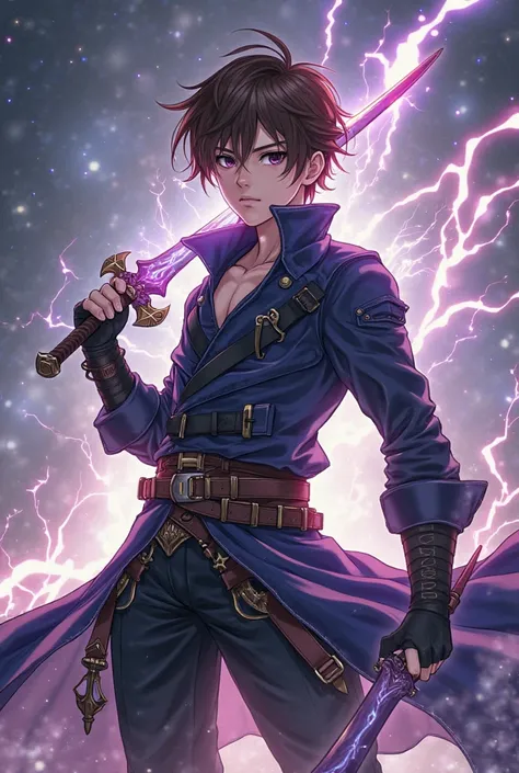 anime design , an 18-year-old male protagonist with short brown hair and dark brown eyes, with an aura of electricity all around, with modern medieval clothes resembling an Isekai and two blades of chaos from the God of War in the hands in combat pose