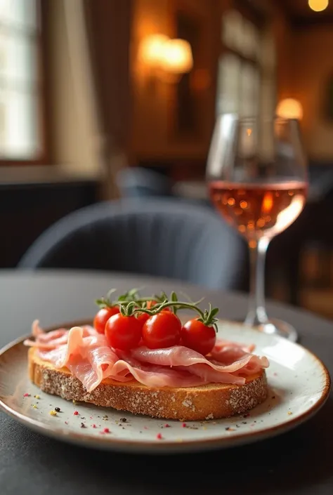 A sophisticated photograph of a gourmet bruschetta topped with thin slices of prosciutto (Parma ham) and fresh cherry tomatoes, served on an elegant plate. Beside it, a glass of rosé wine with a delicate pink hue, reflecting the ambient light. The backgrou...