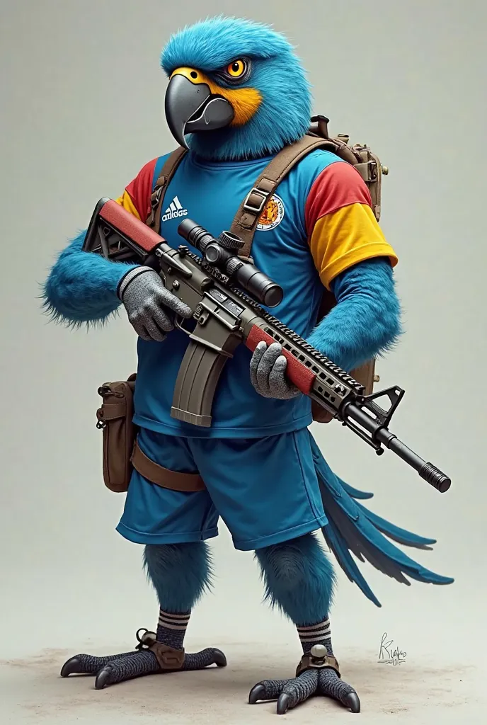 Blue macaw with a rifle in his hand and a bulletproof vest dressed in a blue flannel soccer uniform with a yellow and a red sleeve and blue shorts 