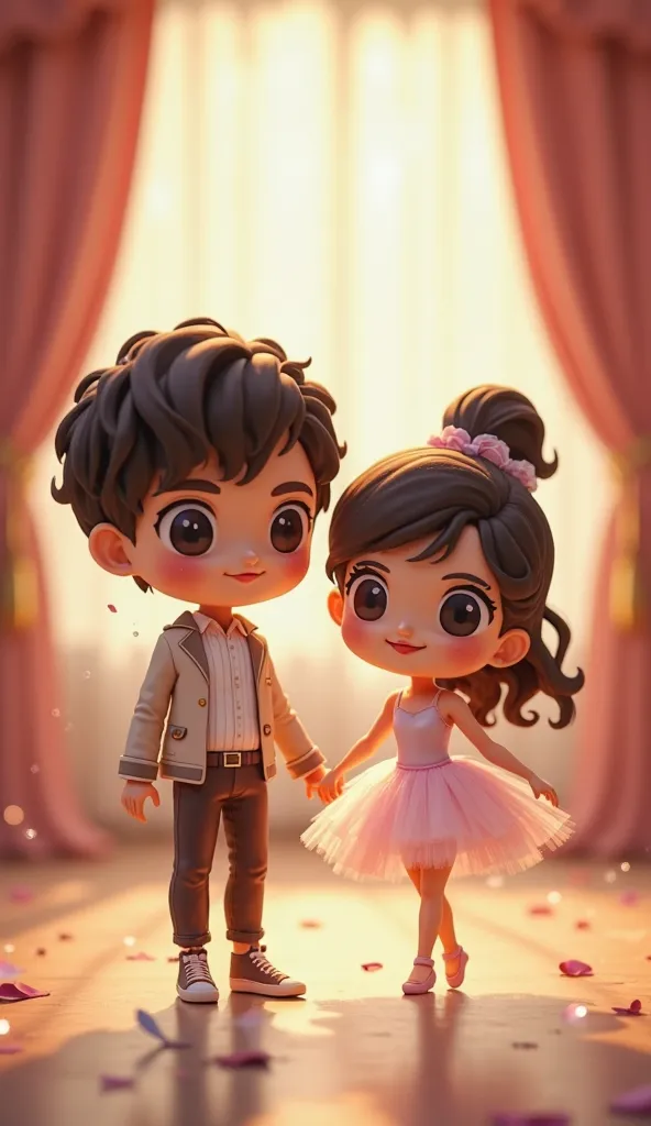 A mini chibi couple, with super stylized and cute proportions, dressed like dancers. The man has a large head, small and delicate body, with a fitted ballerina jacket, ballerina pants and pointe shoes. The woman has big, voluminous hair, a short ballet dre...