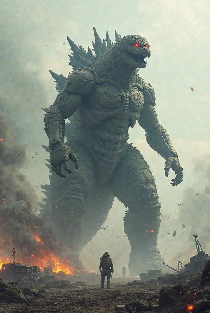 Humanoid robot whose head is similar to that of a human and has the body of a Godzilla, with tail two horns, Red Eyes on a Battlefield 