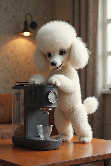 Cute white poodle dog brother is standing on the coffee machine making fresh coffee