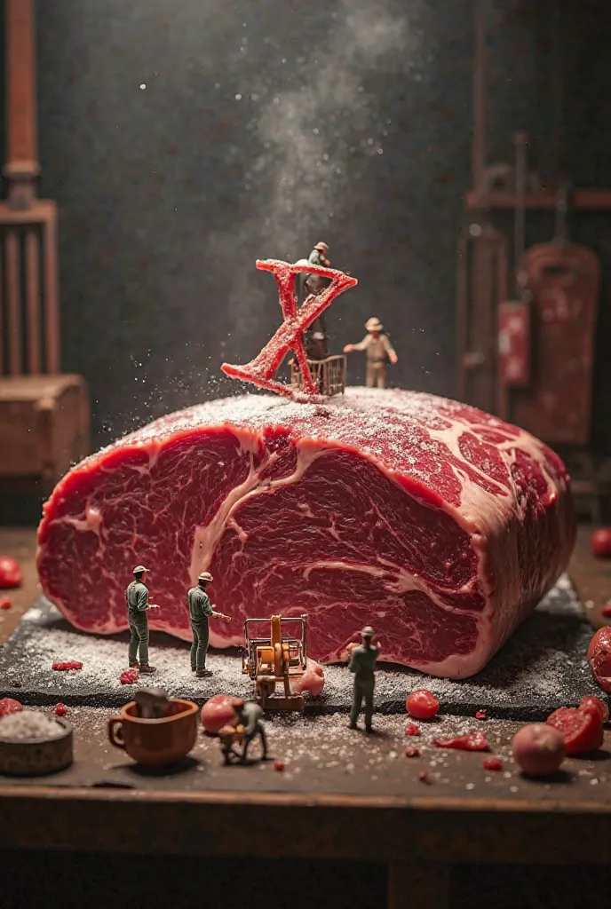 A colossal slab of marbled steak being meticulously assembled by tiny butchers in a grand meatpacking warehouse. Some are carefully stitching together the fine layers of fat and muscle like expert tailors, while others are seasoning the surface with oversi...