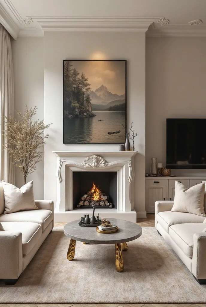 Create a sophisticated real life imagine of a modern sitting room with 3 sofas of cream delicate color all beside each other and a beautiful large center table of grey like color and golden sheen on tree legs that are carved in a curvature and a beautiful ...