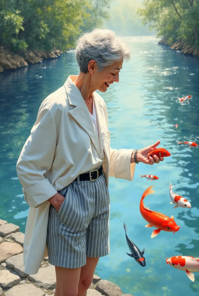  hyperrealistic image and hyperrealistic watercolors of an old woman with gray hair and a very formal white suit wearing shorts in gray pants with black stripes with a black belt with a buckle and some guaraches in light sky blue with a downward view looki...