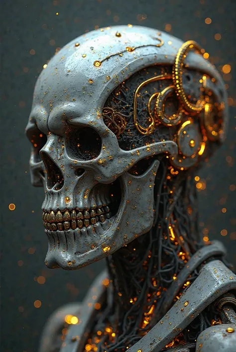  The skull of a robot with molten gold