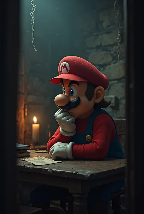 Mario Bros as person, in a dark room sitting at a desk 