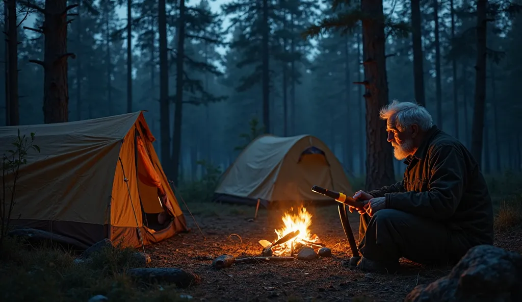  "A tense midnight scene at a forest campsite, where Harry, a 68-year-old former forester, sits by a flickering campfire, clutching an axe in his lap, his face stern and alert. The tents loom in the shadows, surrounded by thick darkness and rustling pine t...