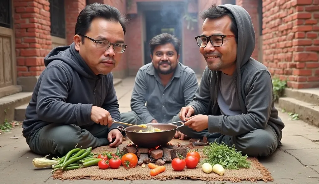 "A humorous village cooking scene set in an outdoor courtyard with red brick walls in the background. Three men with exaggerated, oversized heads are sitting around a makeshift woodfire stove made of bricks. One man in a hoodie is stirring a pot while anot...