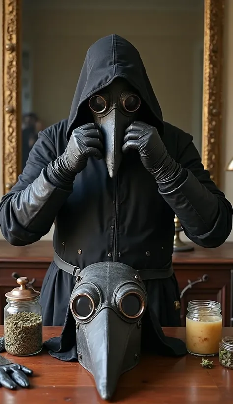 POV showing hands wearing long black leather tunic, reinforced for protection. In front, on a table, are covered an iconic beaked mask — detailed, dark leather, with circular glass lenses — and heavy leather gloves. Jars with aromatic herbs and vinegar are...