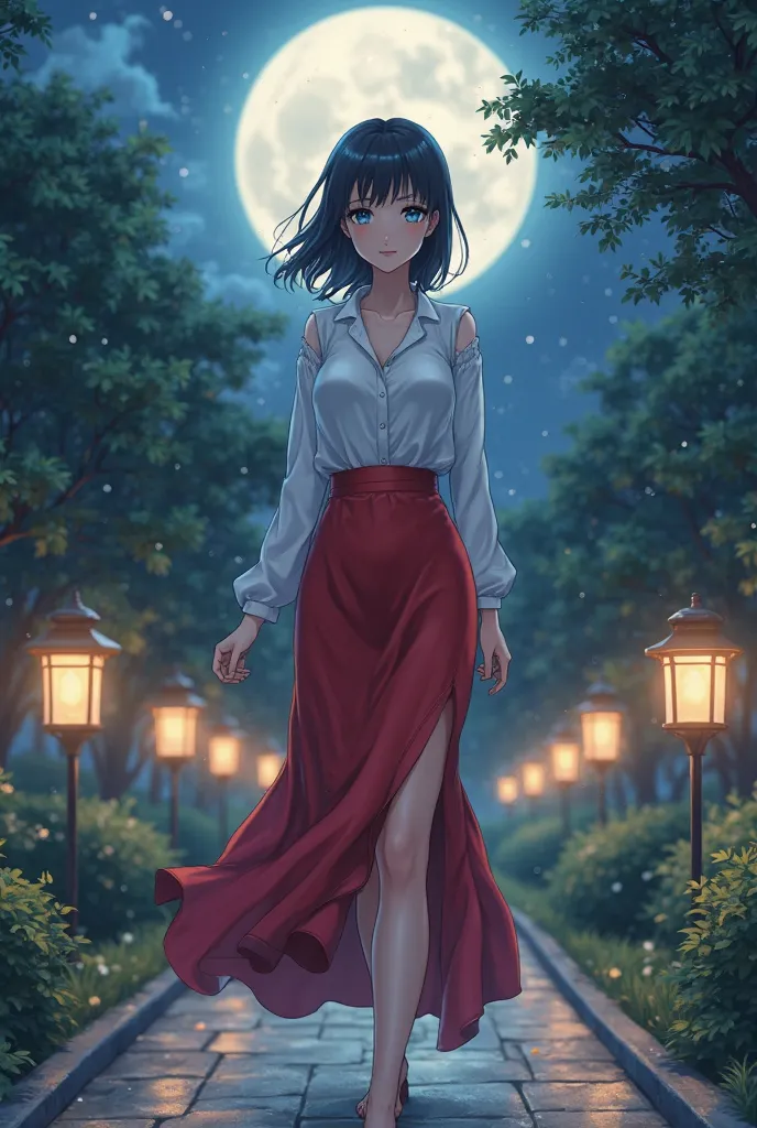 Anime girl 18+ with blue eyes in one white shirt and a red skirt, walking through the park at night through the lights of the lantern and the moon and big breasts.