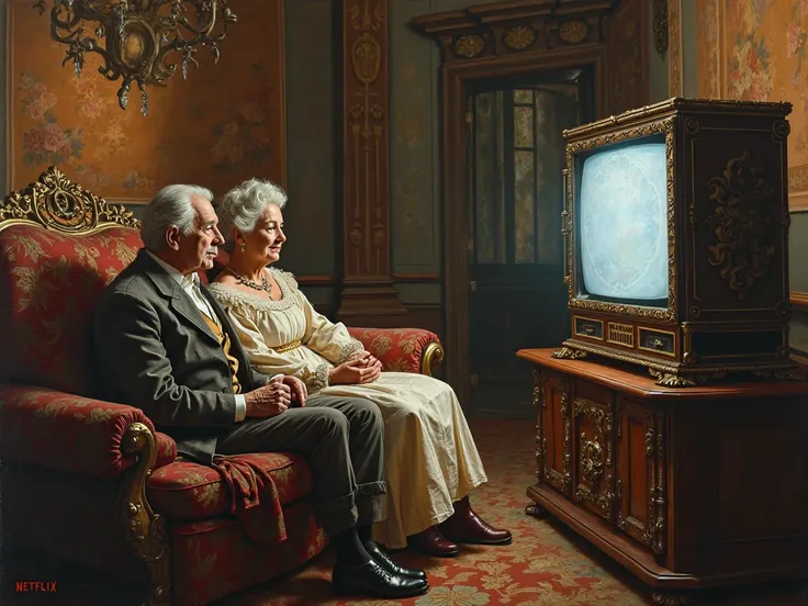 seventeenth century ancient oil painting with an elderly couple on a sofa watching Netflix on a rennecance television 