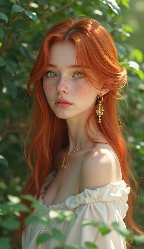 19 year old girl, long redhair with green eyes, with freckles, wearing a white outfit, With gold necklace and gold earring, Near the green leaves, 4k, 8k, Photorealistic