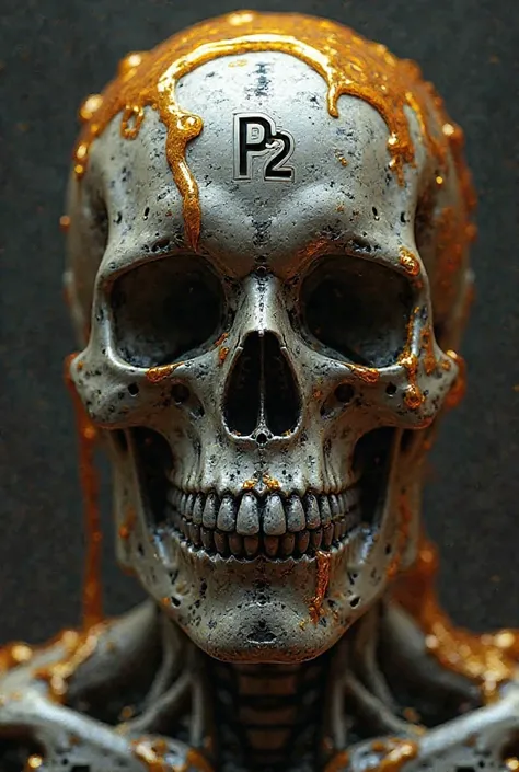  The skull of a robot with molten gold on top of its skull is engraved with the P2 logo