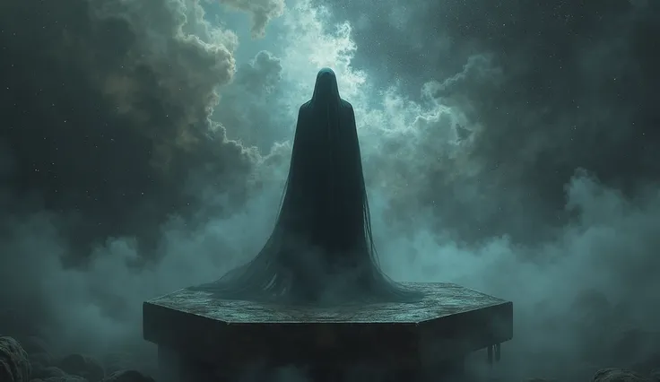 dark and blurred silhouette, veiled face, hidden face, on a pentagonal platform, cosmic void, nebulae and dark stars, black fog, darkness, horror, nightmare, dreamlike atmosphere, dark fantasy, yog-sothoth