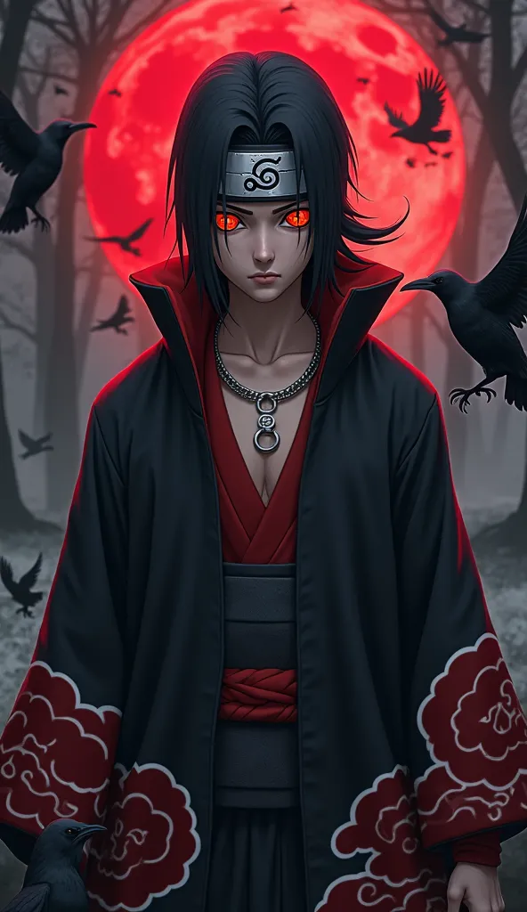 Create an ultra-detailed 8K portrait of Itachi Uchiha from Naruto Shippuden, featuring his iconic Mangekyo Sharingan eyes with intricate kaleidoscopic patterns in blood-red and black. Full-body shot showing his signature long black hair tied in a low ponyt...