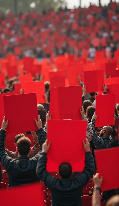 create a realistic image of a grandstand where everyone present is holding up red signs, creating a billboard. you can see that the focus of the image is on this group of people. you can also see that it is an image taken from above, with the focus on the ...