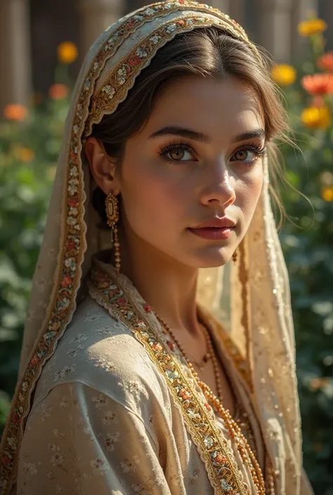 a beautiful girl in a lush Islamic garden, detailed face and eyes,  long lashes,  detailed outfits,  intricate floral patterns,  ornamental architecture , ornate calligraphy, dramatic lighting, warm color palette, cinematic composition,  detailed textures ...