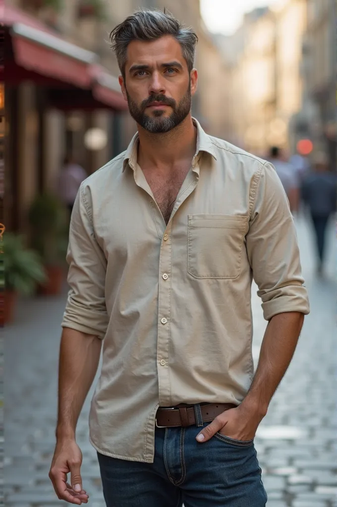 **Prompt para Imagem Realista:**  
"Um homem caucasiano de 37 anos, com aparência perfeita e hiper-realista, retratado em alta resolução. Ele tem barba curta e bem aparada, com alguns fios grisalhos misturados ao castanho escuro. Seus cabelos são médios, d...