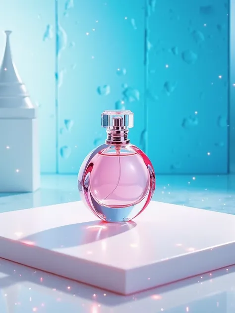 Professional photography of a pink perfume bottle, standing on a white surface. Background — bright blue 
