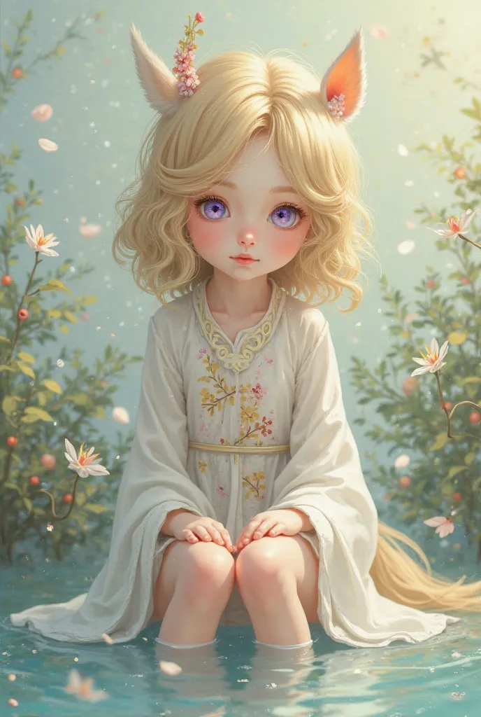 Animation Blonde girl with golden highlights, light pastel purple eyes, wavy long hair, with a horse face, Chinese dress, sitting with her legs soaked