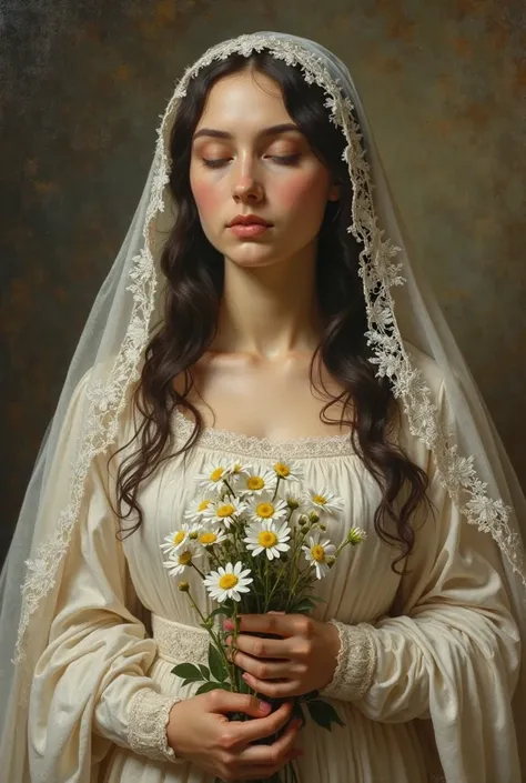  image of the Virgin Mary , CLOSED EYES, black hair, looking down, wearing a white wedding veil with lace and a bouquet of daisies in their arms. Three-quarter stop, shows her full body. Rembrand painting style