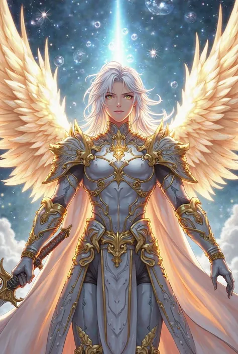 Create an anime-style illustration of Soltherion, the angelic general. Soltherion is depicted as a celestial figure wearing shimmering silver and gold armor engraved with glowing runes and intricate celestial patterns. He has long, flowing white-silver hai...