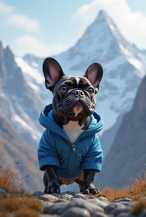 A French bulldog is a black and gray female, a little small, with a white stripe on his chest, stands in the mountains wearing a blue jacket 