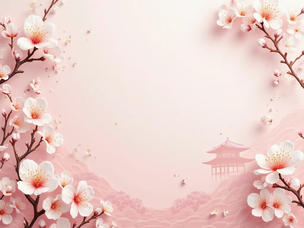 A postcard with a pale pink background, with space to write , decorated with Chinese wild apple blossoms, with environment in China 