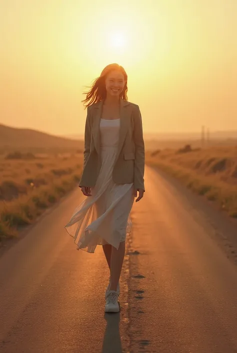 A long, empty road at dawn, with footprints disappearing on the horizon, symbolizing a journey of fresh start. And a thoughtful and happy woman on this road