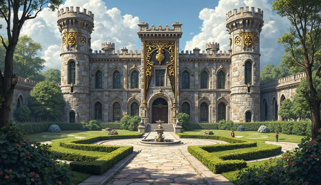 Fantasy concept art. Noble estate with park. Heraldic colors: black and gold.