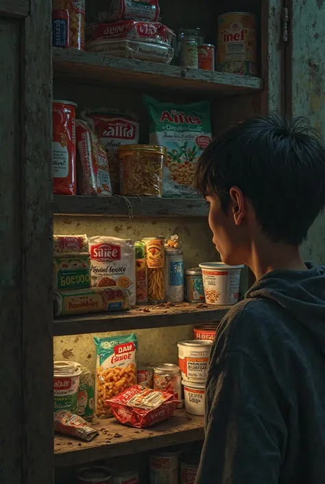 A shelf filled with old, expired food packets, including vermicelli packets with faded packaging, as the owner checks the expiry date with a worried look.